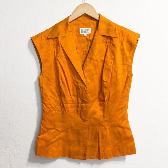 VTG Norma Kamali Top 6 Shirt Blouse Sleeveless Button Down Collar Silk Shantung - Picture 1 of 6